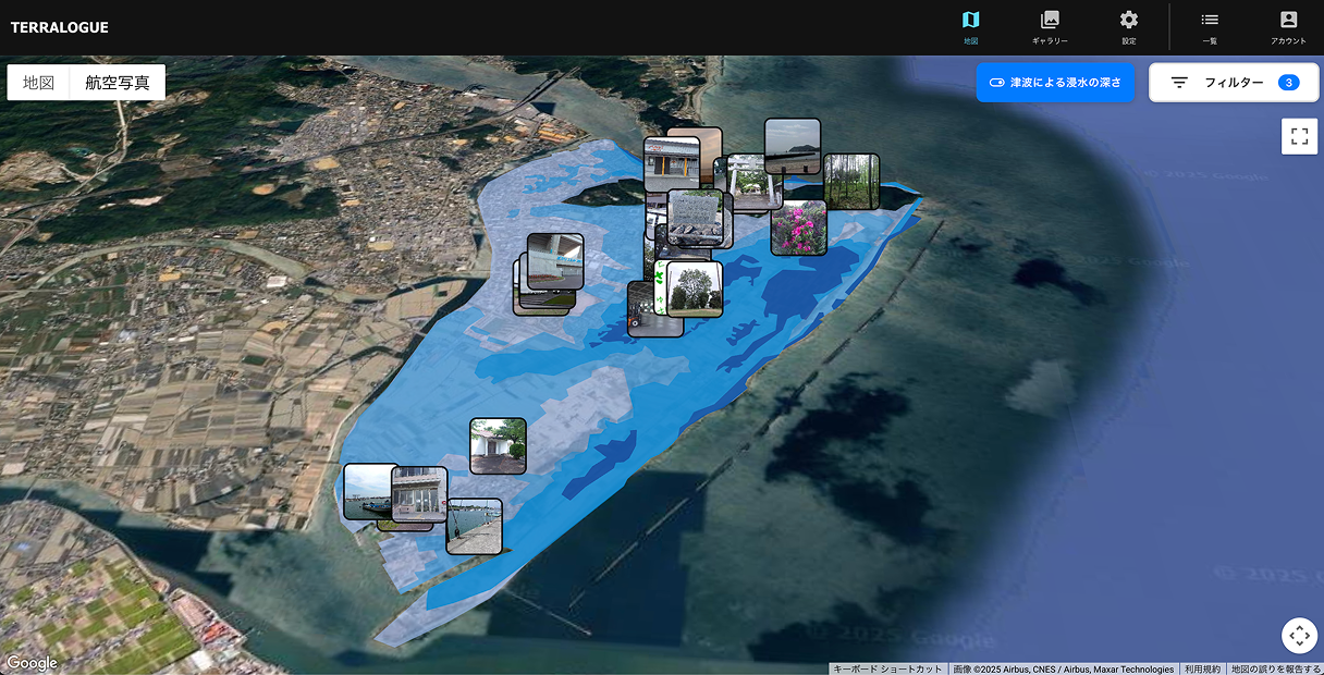 津波が襲った際に浸水するエリアがオーバーレイされたデジタルマップ